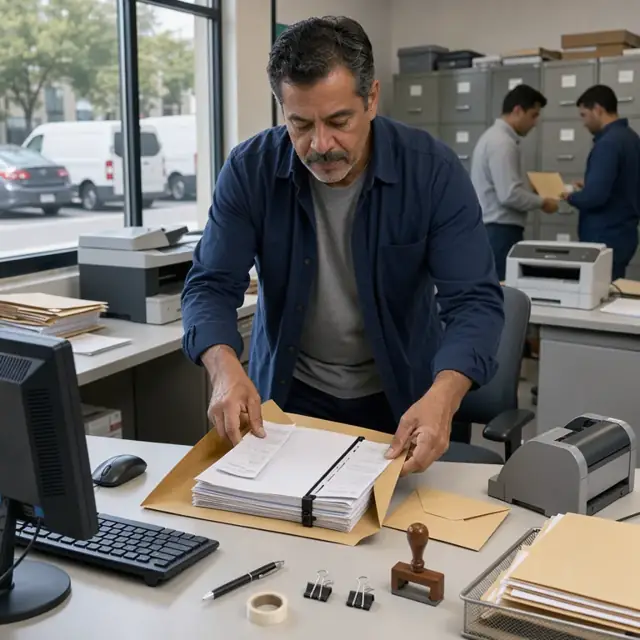 a person placing bound legal documents and filing receipts into a courier envelope at an office workstation