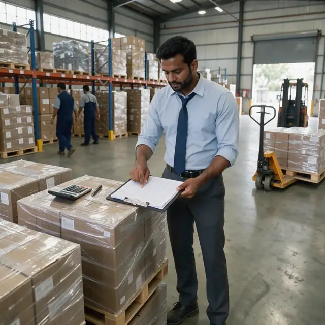 an accountant in business attire reviewing inventory count sheets inside a warehouse with stacked pallets in the background