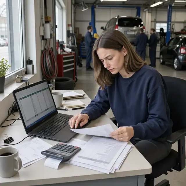 a desk with an open spreadsheet of billable hours next to printed invoices and a calculator