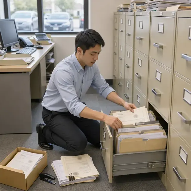 an accountant organizing continuing education certificates and state licensing renewal forms into a filing cabinet