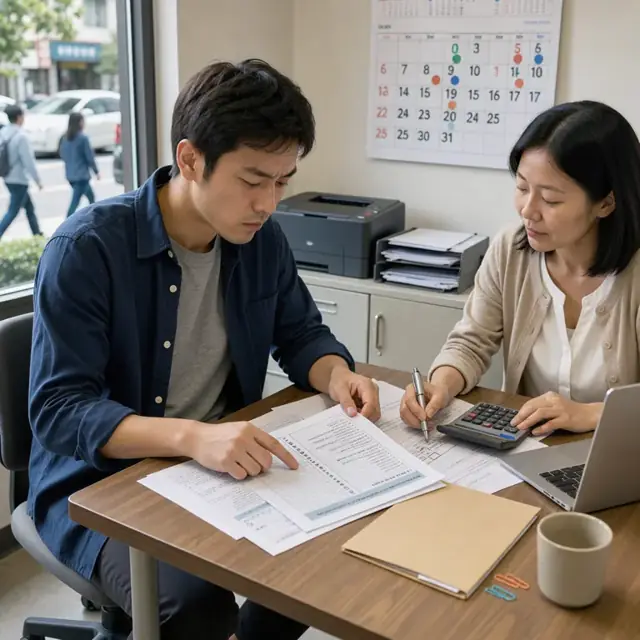 a client seated at a table reviewing a tax return summary packet with a calendar showing upcoming quarterly deadlines in the background