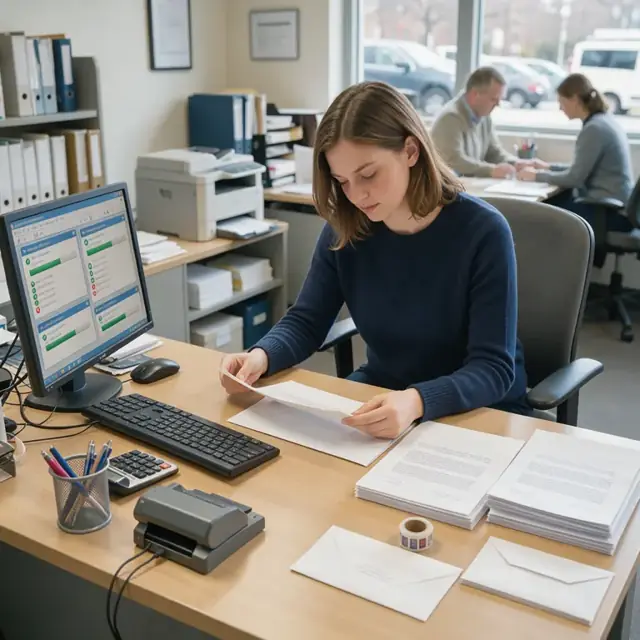 a tax office workspace showing a computer screen with e-file transmission status windows and printed client letters ready for mailing