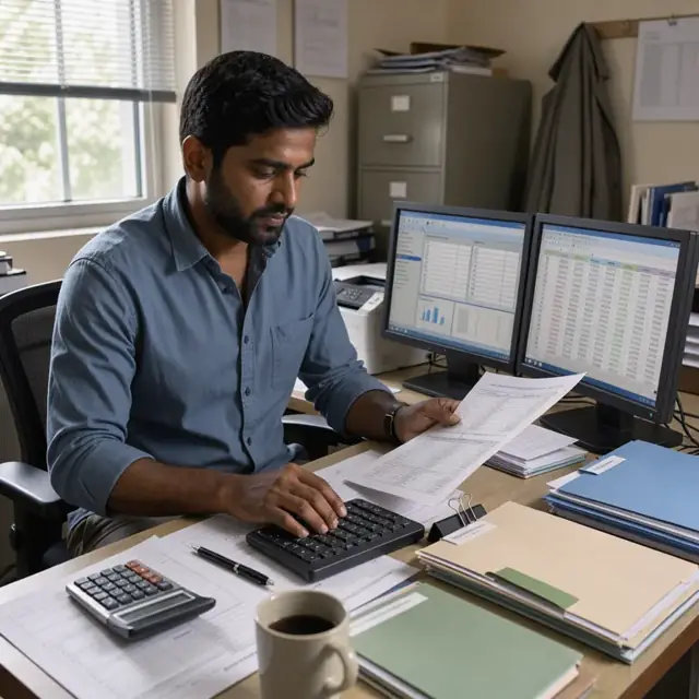 a preparer at a desk examining printed tax schedules and entering numbers into tax software on dual monitors with stacks of client folders nearby