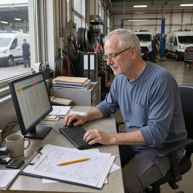 a specialist updating employee information in a spreadsheet while referencing printed change request forms