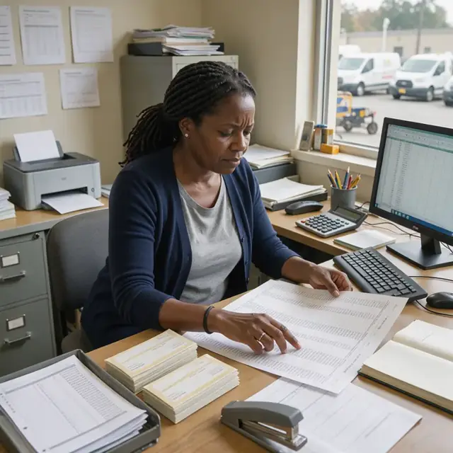 a payroll specialist at a computer reviewing a large payroll register printout with paychecks stacked nearby