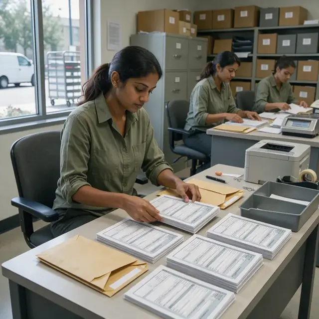 a worker at a desk compiling stacks of W-2 forms and year-end summary reports into large mailing envelopes
