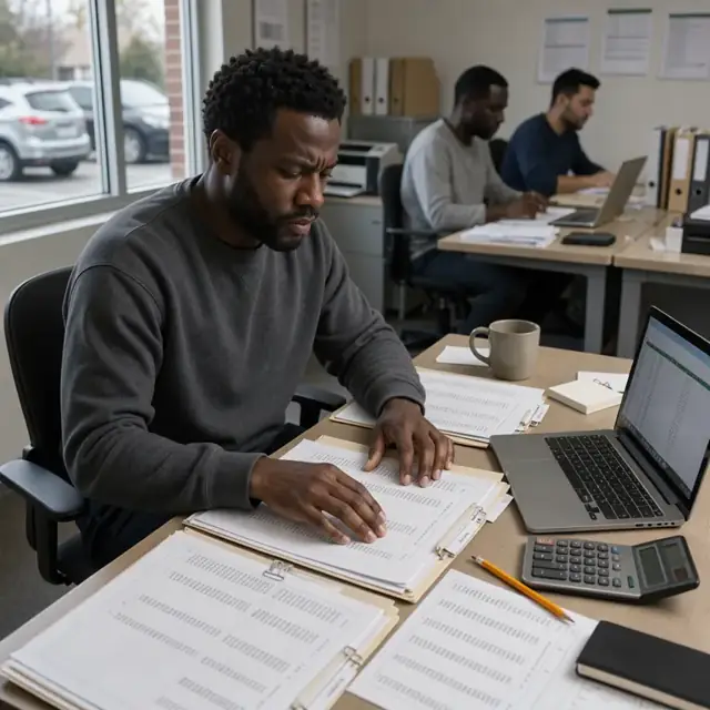 a desk with printed financial statements, trial balances and workpaper files