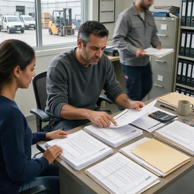 a desk with payroll reports, timesheet summaries and tax withholding tables