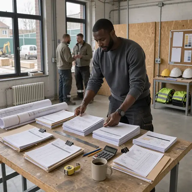 an architect sorting stacks of contractor bid documents and spreadsheets on a long wooden table