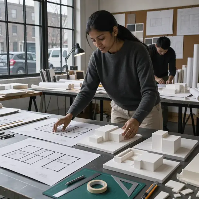 an architect standing at a large table arranging printed floor plan iterations and foam core massing models under natural window light
