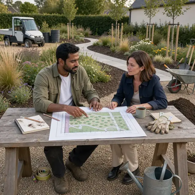 a landscape architect discussing a planting plan with a client at an outdoor table overlooking the recently completed garden