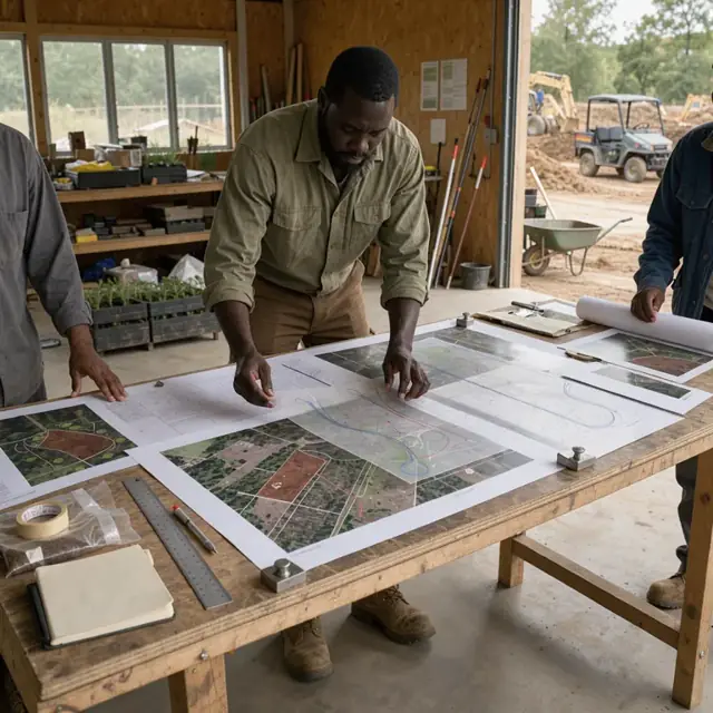 a landscape architect standing at a large table arranging printed aerial photos, soil maps and overlay transparencies