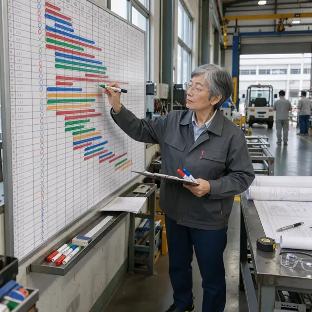 an engineer standing at a large wall-mounted project schedule board marking progress on drawing milestones with colored markers