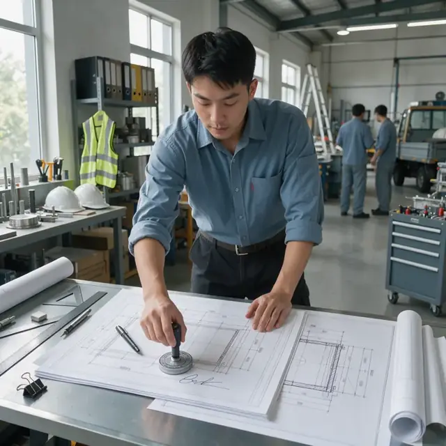 an engineer carefully applying a professional engineering stamp and signature to a large set of technical drawings on a drafting table