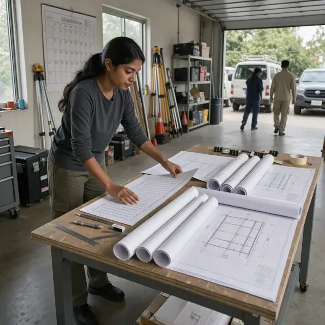 a drafter reviewing a printed checklist against a full set of rolled drawing sheets on a long table next to a wall calendar