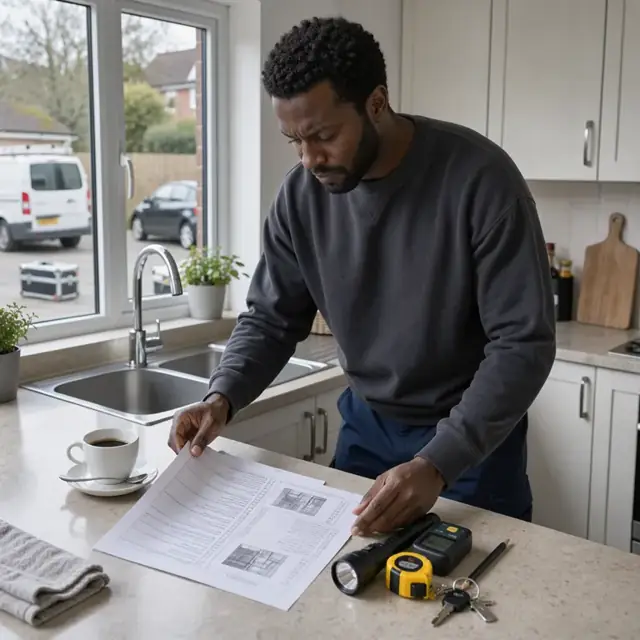 a homeowner standing at a kitchen counter reviewing a printed building inspection report with a cup of coffee