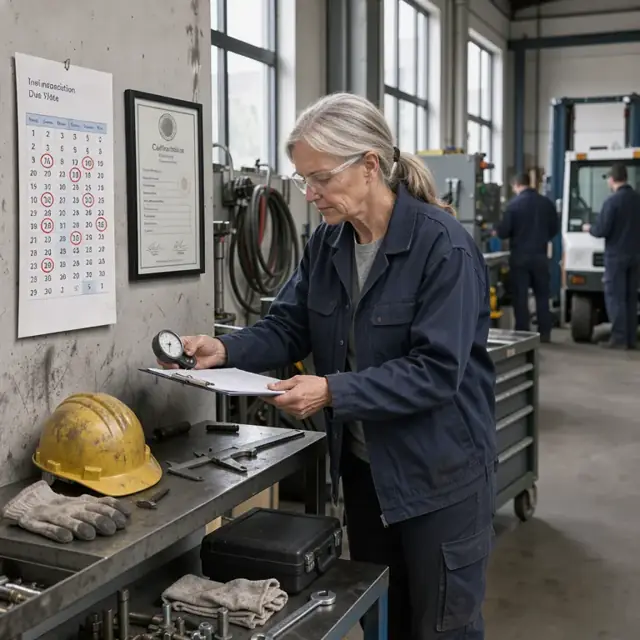 a wall calendar marked with inspection certification due dates next to a calibration certificate and hard hat on a shelf