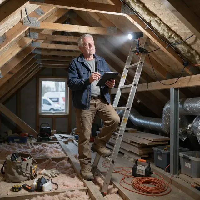a person in work clothes standing on a ladder in an attic taking notes on a tablet while a flashlight illuminates roof framing