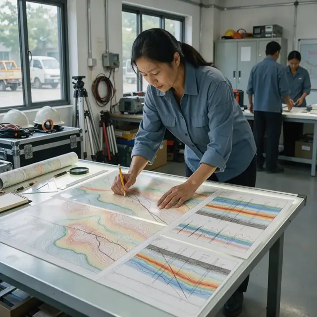 a worker examining colored contour maps and seismic cross-sections spread across a large light table in an office