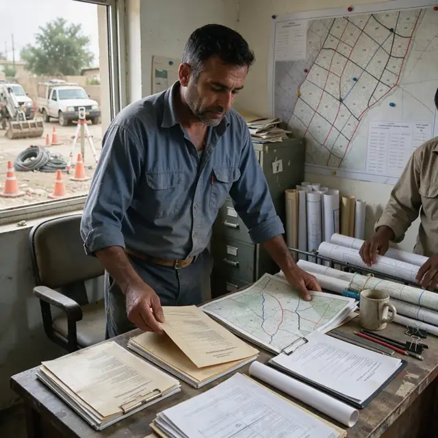 a worker organizing permit application folders and land access maps on a desk next to a large wall map marked with survey lines