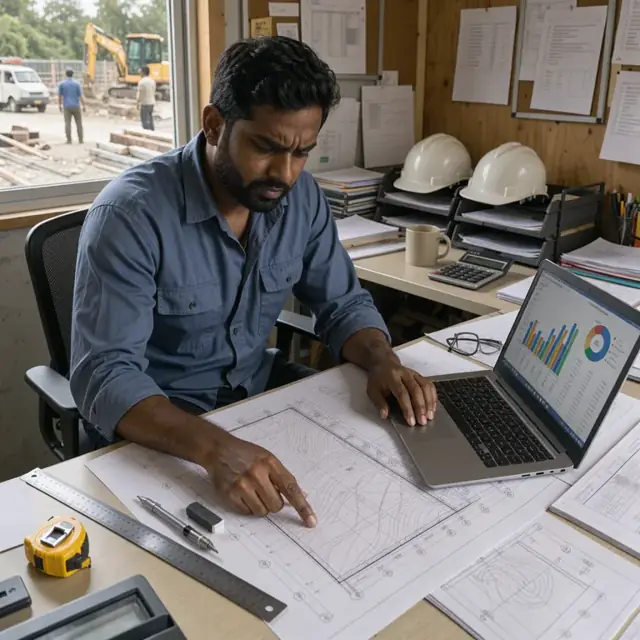 a worker at a desk reviewing printed survey drawings and a laptop screen showing project financial summary
