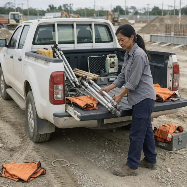 a survey truck parked at a job site with open tailgate showing tripods, total station and orange safety vests on the ground