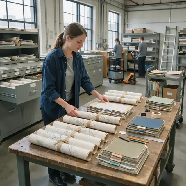 a worker at a large table organizing rolled paper maps, survey record books and permit application folders in a map storage room