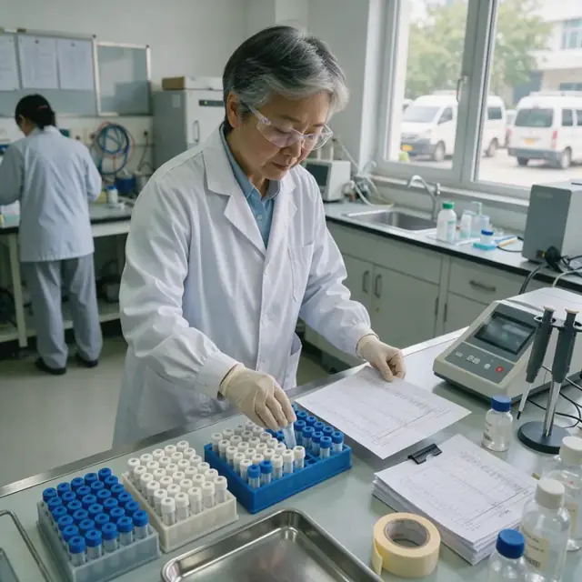 a laboratory workbench covered with sample trays, instrument schedules and printed batch worksheets ready for the day's runs