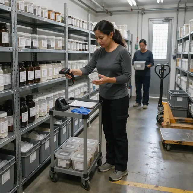 a walk-in sample storage room with shelves of labeled containers marked with retention and disposal dates and a barcode scanner on a cart