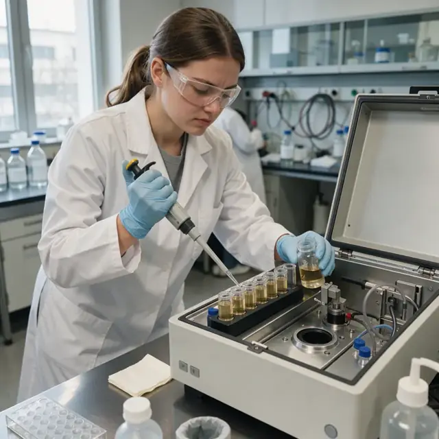 a lab technician pipetting liquid from a sample vial into a row of autosampler vials inside an open analytical instrument