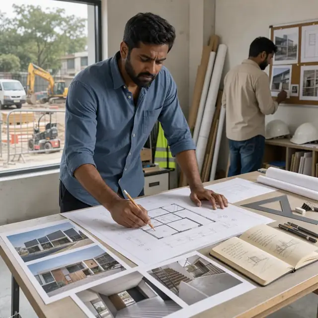 a drafting table covered with client floor plans, reference photos and a notebook with handwritten notes
