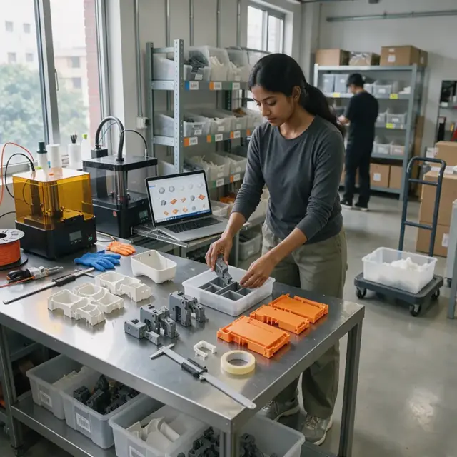 a designer organizing 3D printed prototype parts alongside their corresponding digital files on labeled shelves in a studio storage area