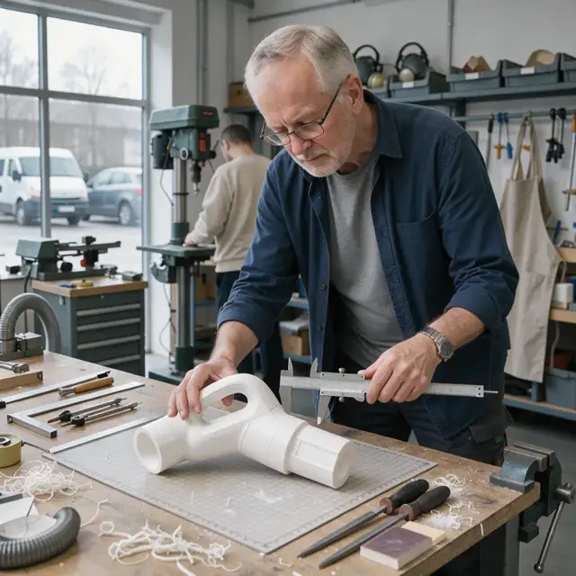 a designer examining a foam model of a consumer product on a workbench with calipers, measuring tools and hand files nearby