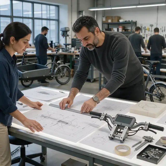 a designer reviewing detailed technical drawings printed on large sheets next to a physical product prototype on a light table