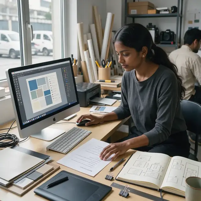a designer at a large monitor reviewing client notes and a printed questionnaire next to an open notebook with project specifications