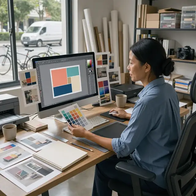 a designer working at a large monitor with design software open, surrounded by printed color swatches and reference images