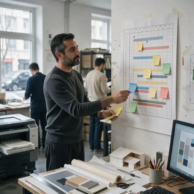 a designer updating printed project timelines and colored sticky notes on a wall calendar in a design studio