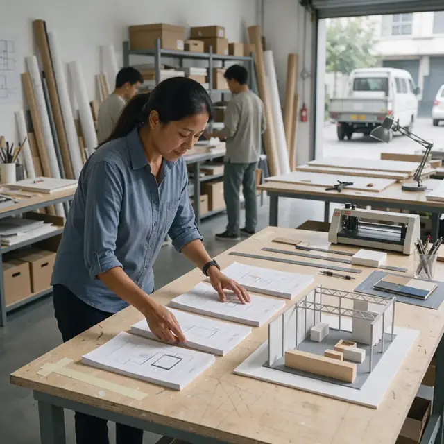 a designer at a large studio table organizing printed client requirement sheets next to a scale model of an exhibition booth