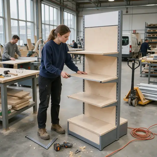 a designer inspecting a full-scale mockup of a retail display fixture in a fabrication workshop