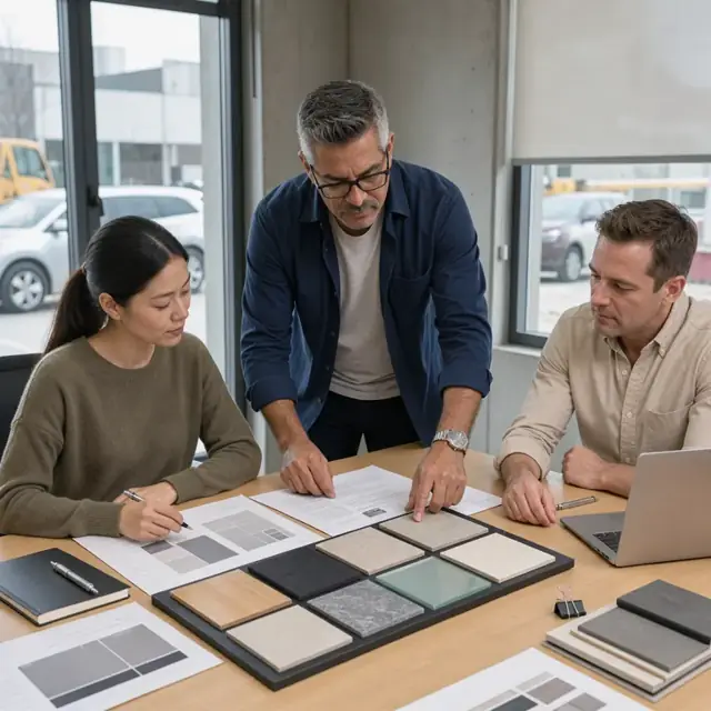 a designer reviewing printed proposal pages and a physical material sample board on a conference table