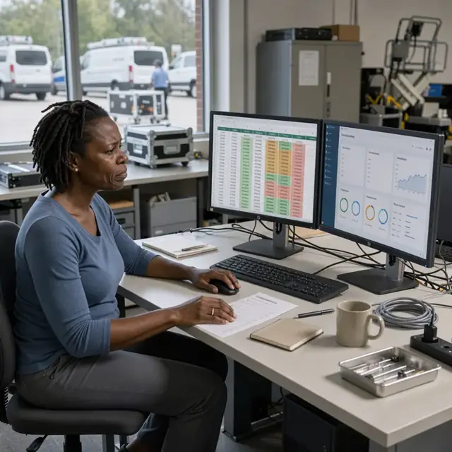 a technical worker at a clean desk reviewing a spreadsheet of license and contract dates on one monitor while referencing a cloud service dashboard on another