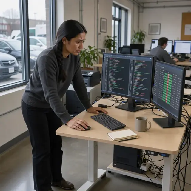 a tester at a desk comparing a checklist of acceptance criteria with test output on two monitors