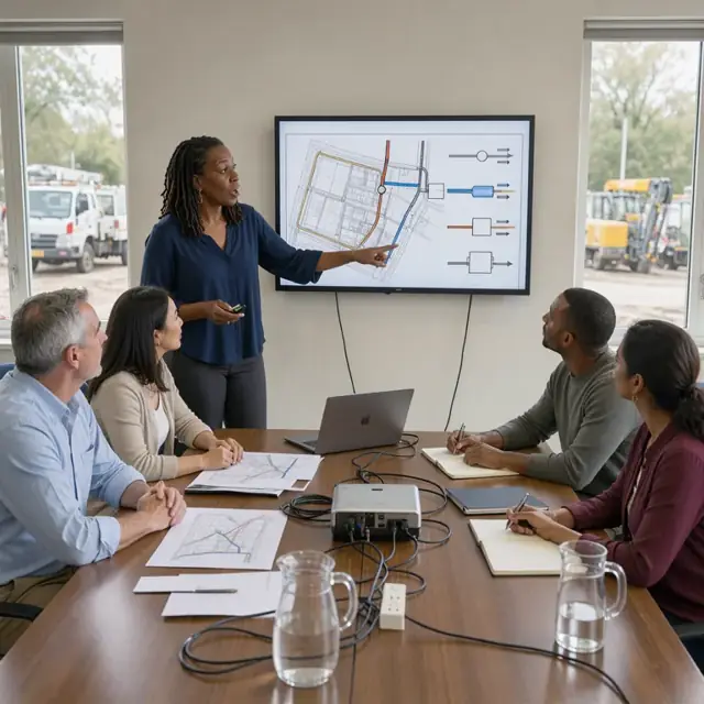 a technical consultant presenting infrastructure diagrams on a screen to a conference room of attentive clients during a project review meeting