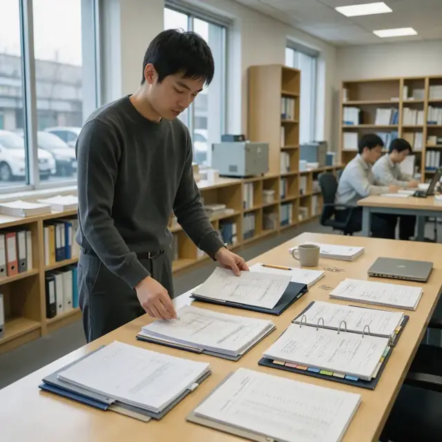 a technical consultant organizing folders of printed system documentation, configuration sheets and safety logs on a long table in a quiet office library