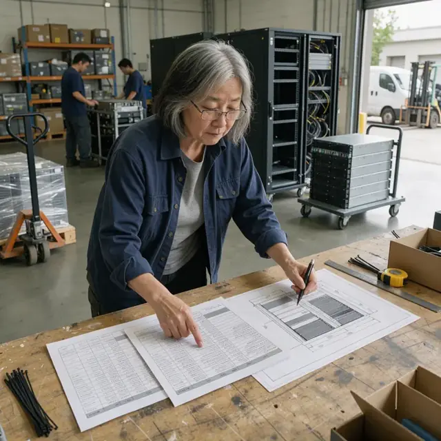a technical consultant comparing server specifications on multiple vendor spec sheets laid out next to a rack elevation drawing in a hardware staging area