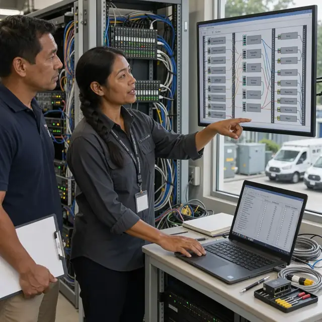 a technical consultant pointing at a large wall-mounted monitor displaying a detailed network and server rack diagram while adjusting a component list on a laptop