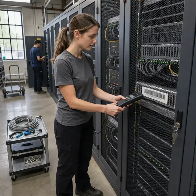 a technician scanning a server serial number tag inside a locked server rack using a handheld barcode reader