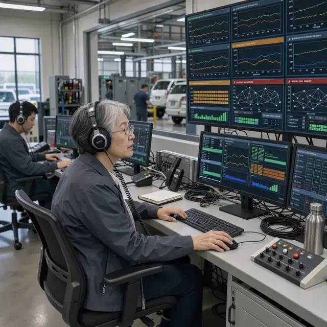 a technician wearing headphones sitting in front of a large monitoring wall displaying server status graphs and alert banners