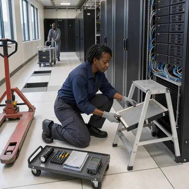 a technician in a data center checking cooling unit filters with a ladder positioned beside a raised-floor server room