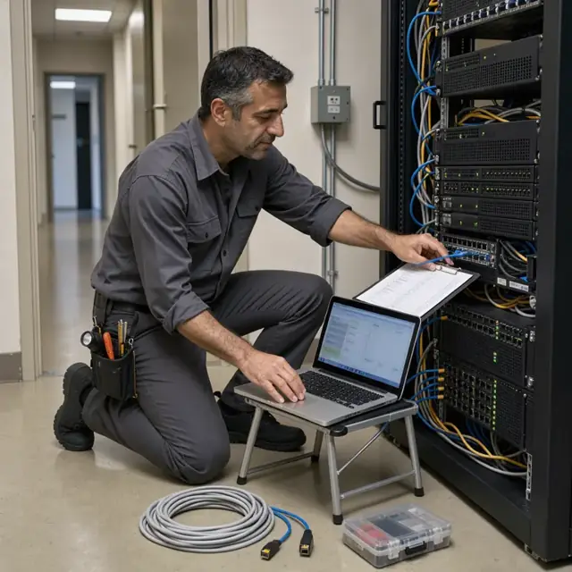 a technician connecting a laptop to a server rack in a dimly lit data closet while checking a maintenance checklist